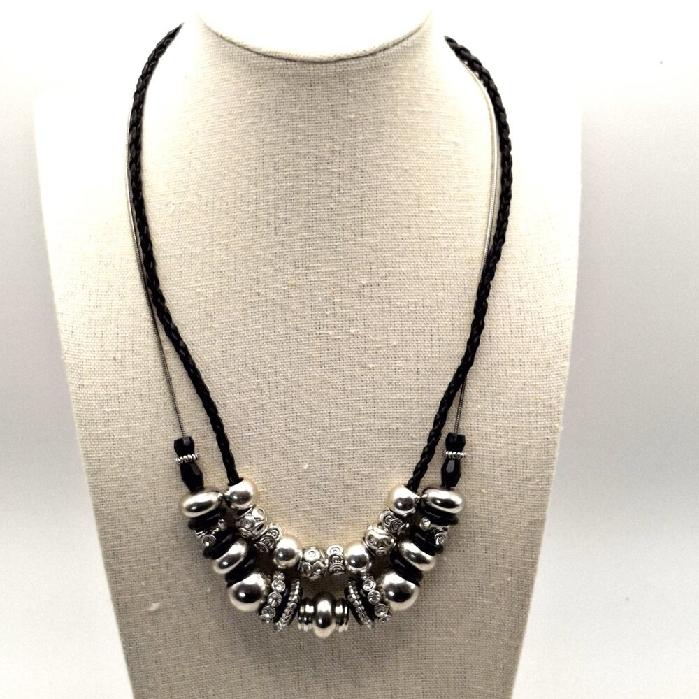 Set of 2 Black & Silver Tone Statement Necklaces